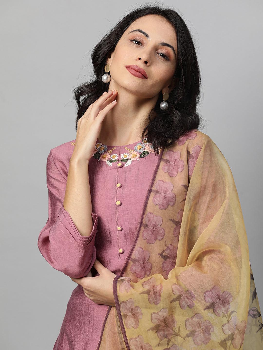 Floral Embroidered Kurta with Pants and Floral Printed Dupatta - Mulberry - Indiakreations