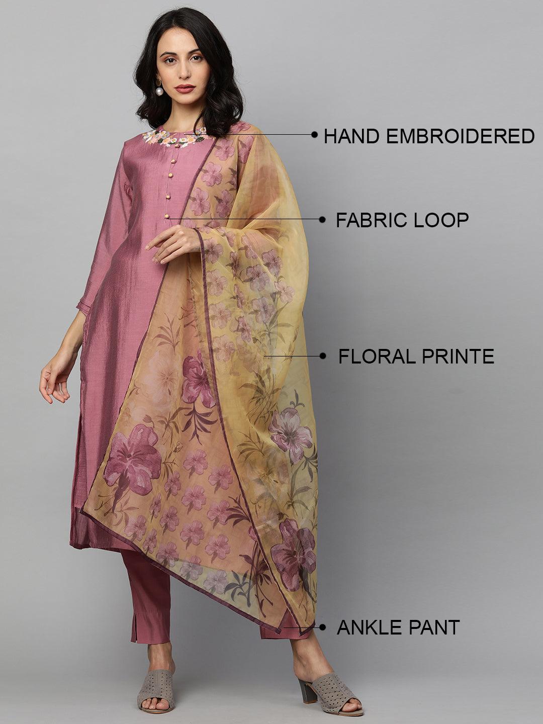 Floral Embroidered Kurta with Pants and Floral Printed Dupatta - Mulberry - Indiakreations