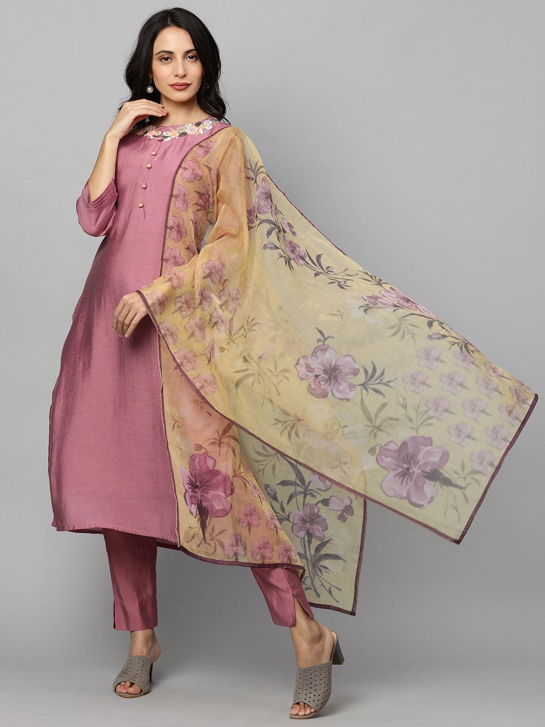 Floral Embroidered Kurta with Pants and Floral Printed Dupatta - Mulberry - Indiakreations