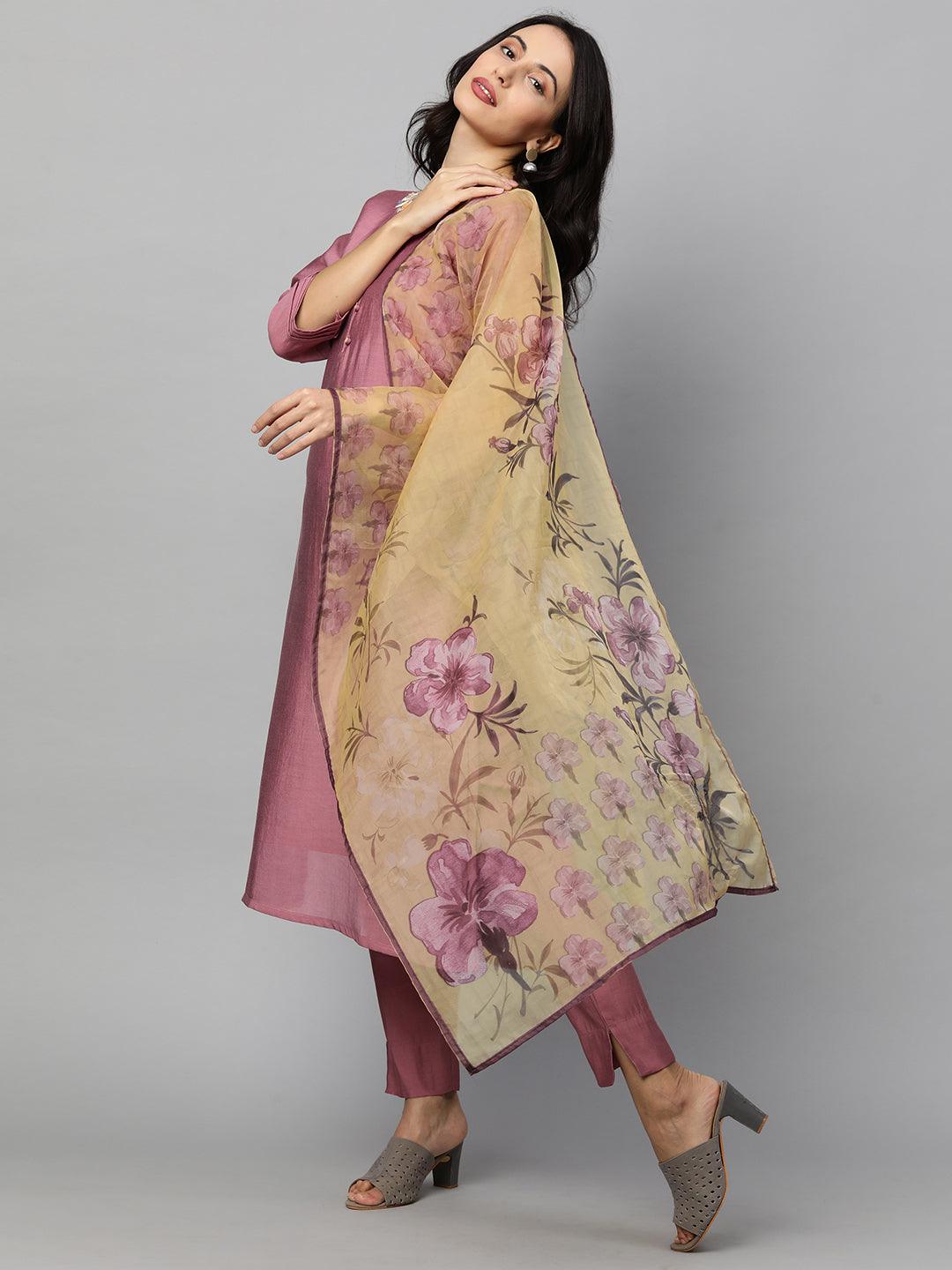 Floral Embroidered Kurta with Pants and Floral Printed Dupatta - Mulberry - Indiakreations