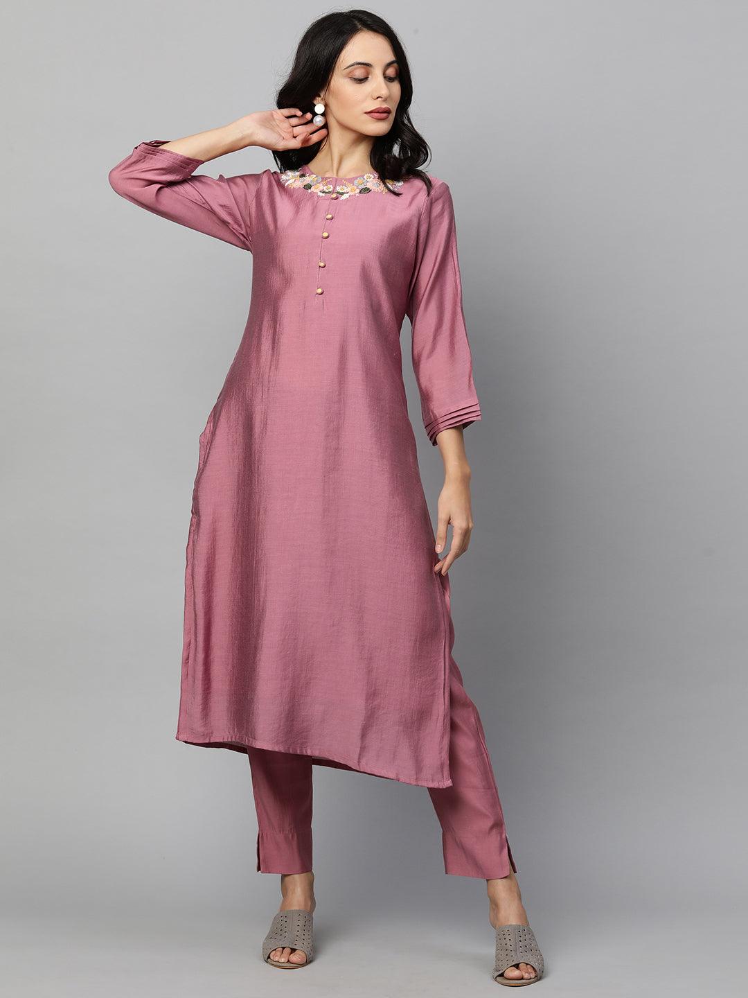 Floral Embroidered Kurta with Pants and Floral Printed Dupatta - Mulberry - Indiakreations