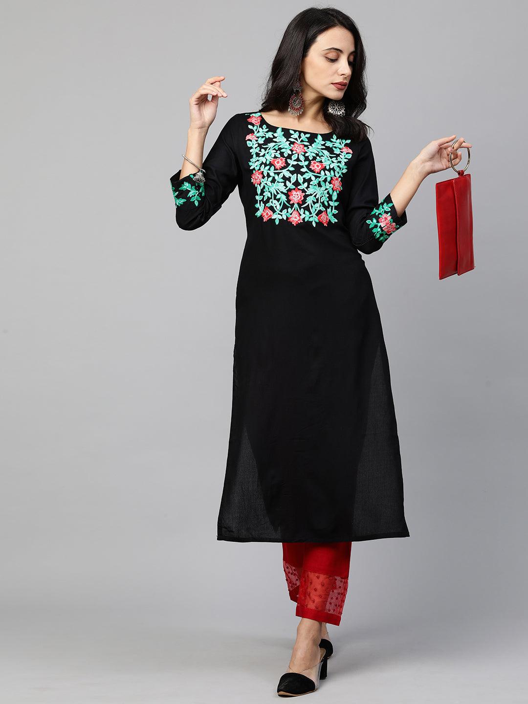 Floral Embroidered Straight Kurta - Black - Indiakreations