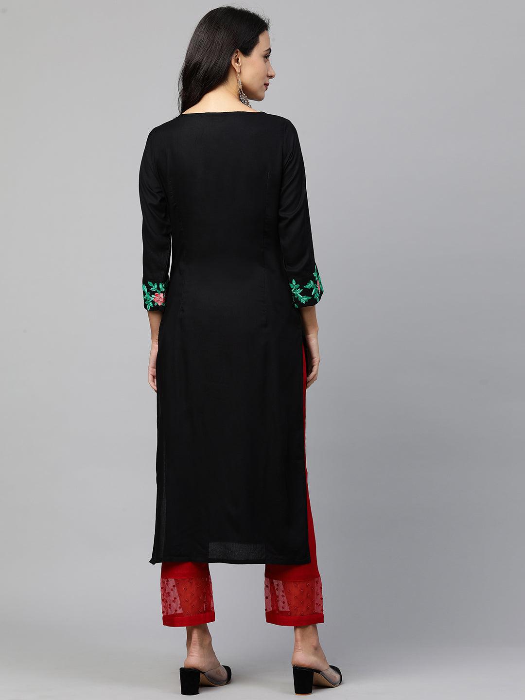 Floral Embroidered Straight Kurta - Black - Indiakreations