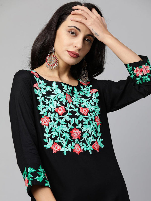 Floral Embroidered Straight Kurta - Black - Indiakreations