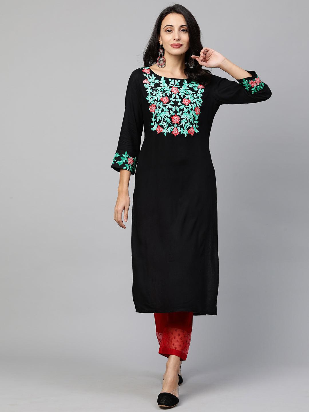 Floral Embroidered Straight Kurta - Black - Indiakreations