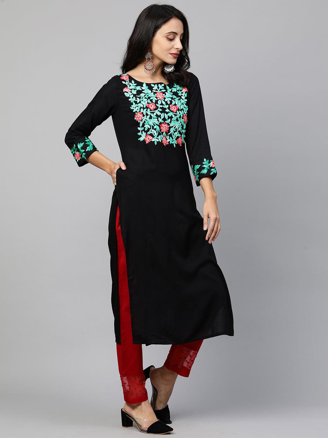 Floral Embroidered Straight Kurta - Black - Indiakreations