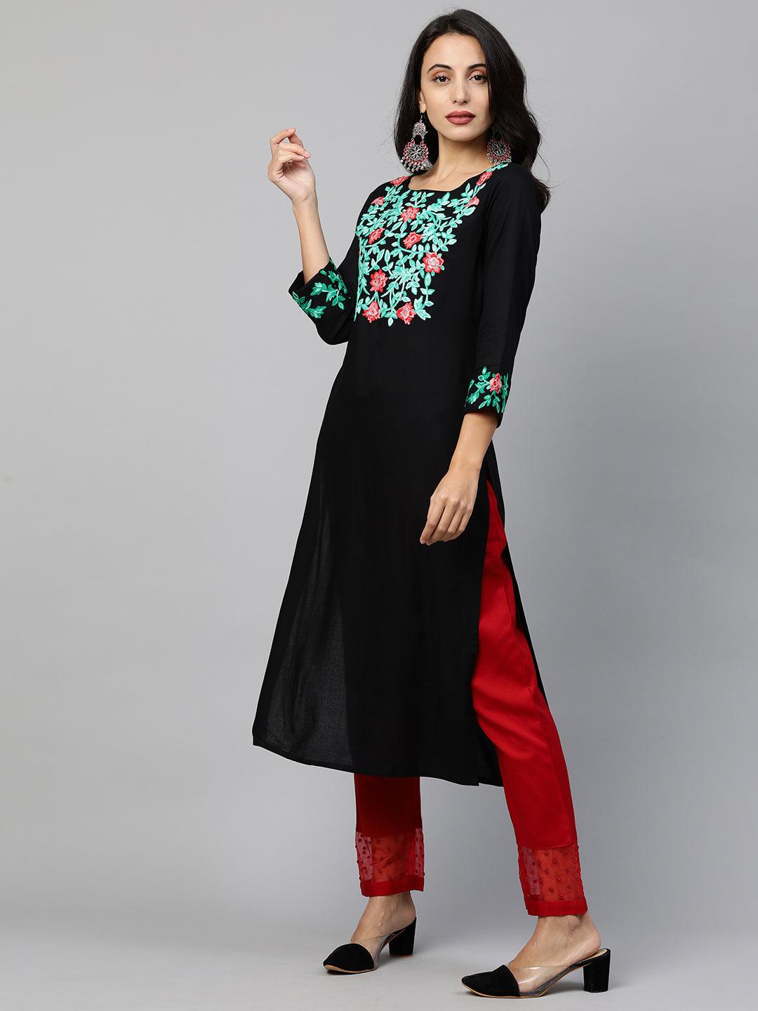 Floral Embroidered Straight Kurta - Black - Indiakreations