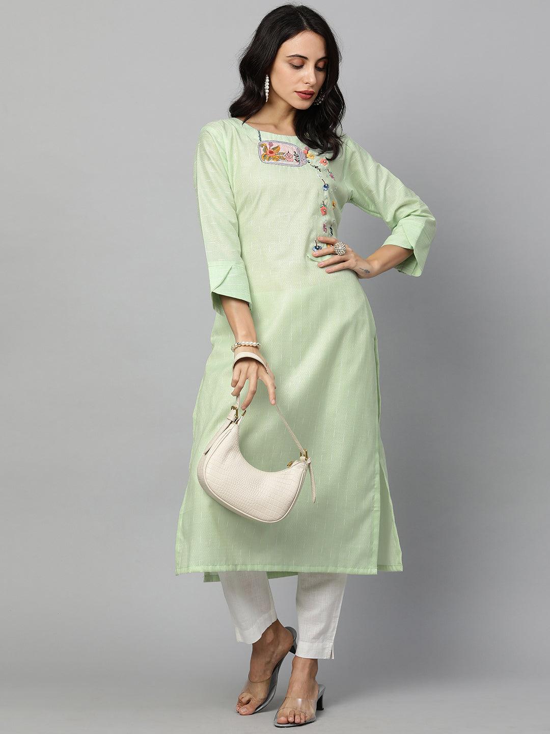 Woven Textured & Embroidered Straight Kurta - Pastel Green - Indiakreations