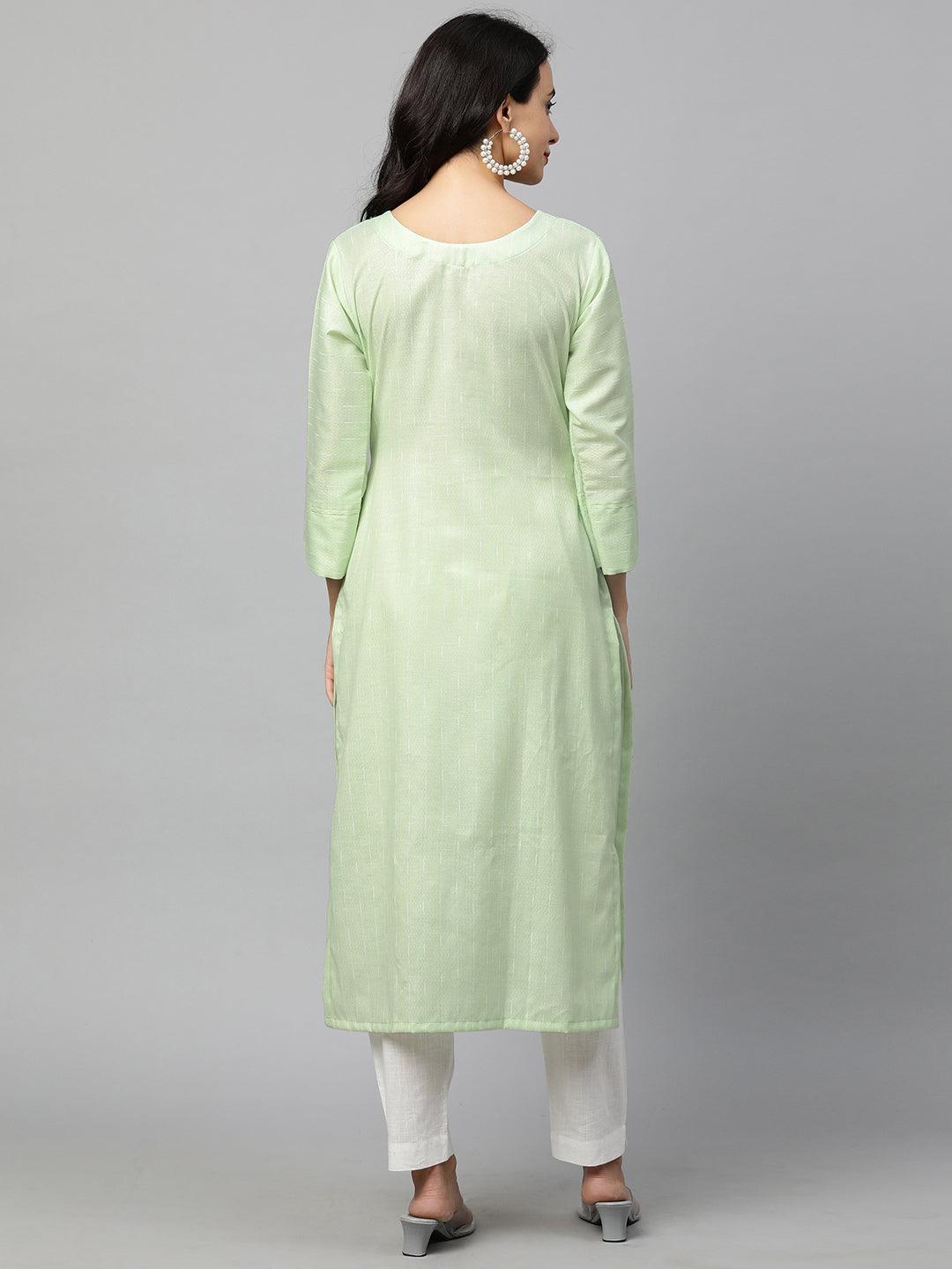 Woven Textured & Embroidered Straight Kurta - Pastel Green - Indiakreations