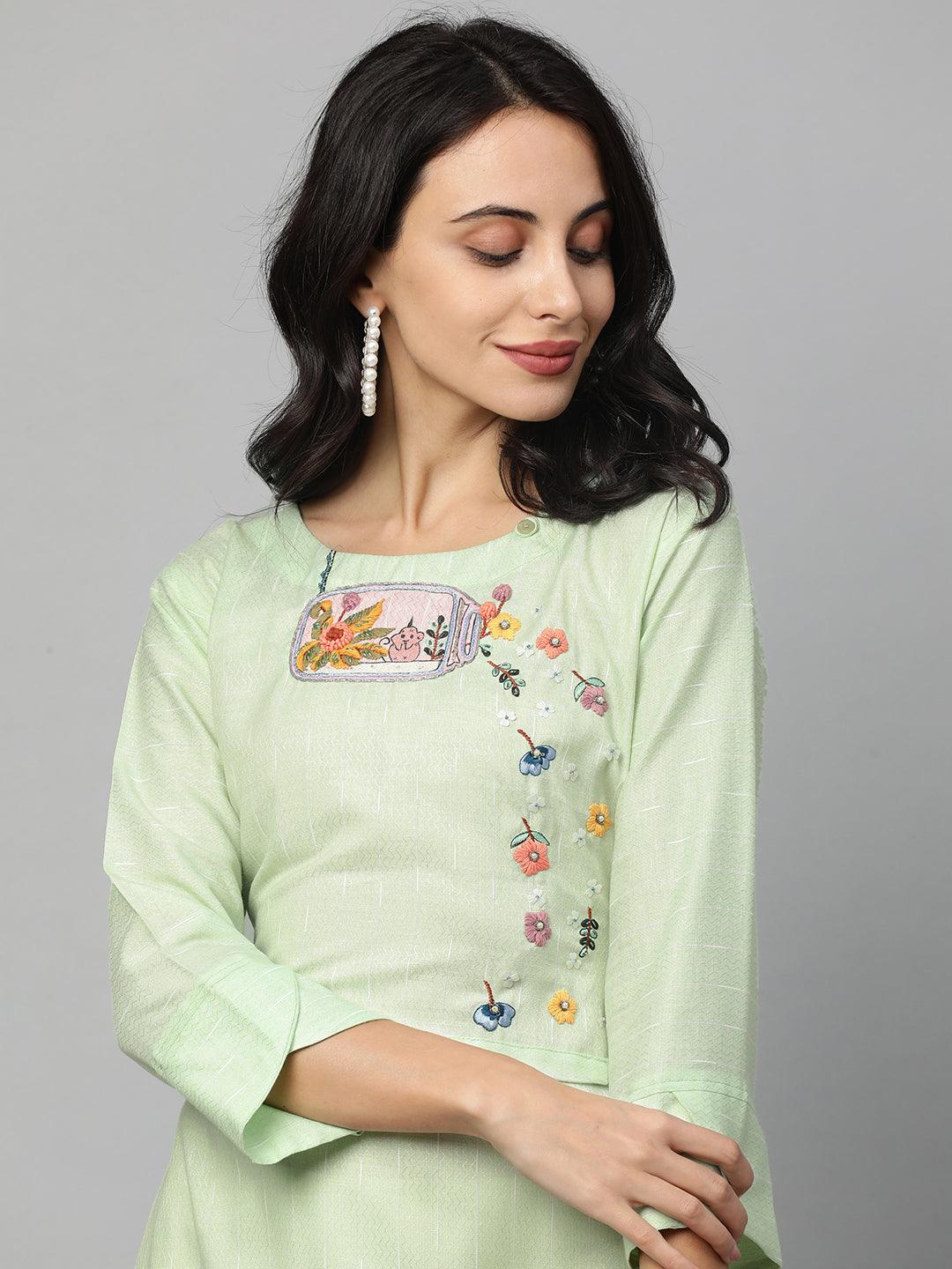 Woven Textured & Embroidered Straight Kurta - Pastel Green - Indiakreations