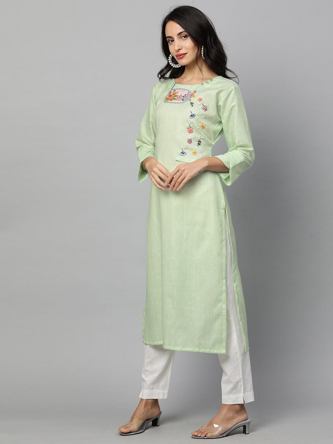 Woven Textured & Embroidered Straight Kurta - Pastel Green - Indiakreations