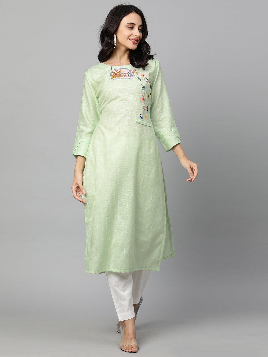 Woven Textured & Embroidered Straight Kurta - Pastel Green - Indiakreations