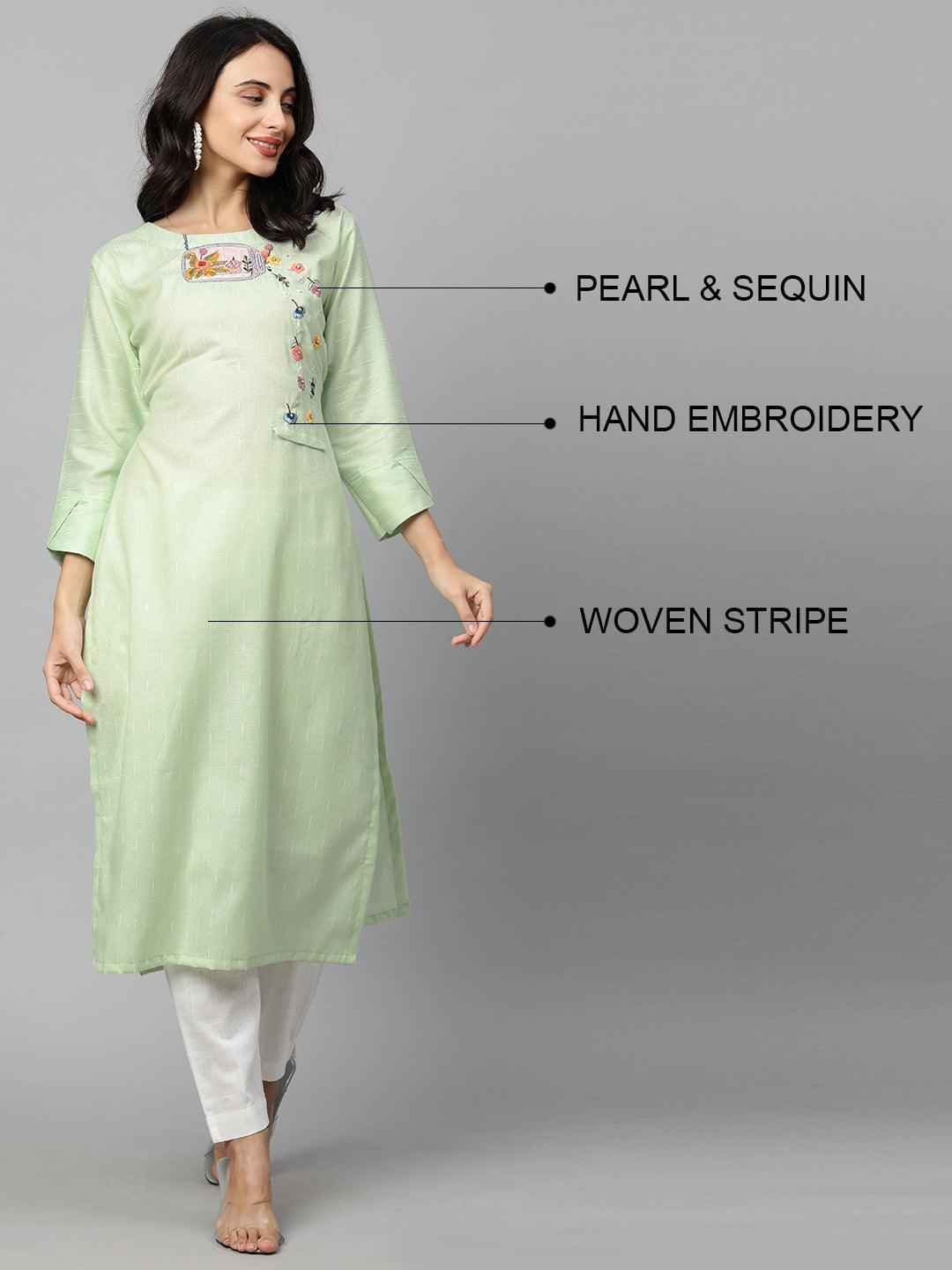 Woven Textured & Embroidered Straight Kurta - Pastel Green - Indiakreations