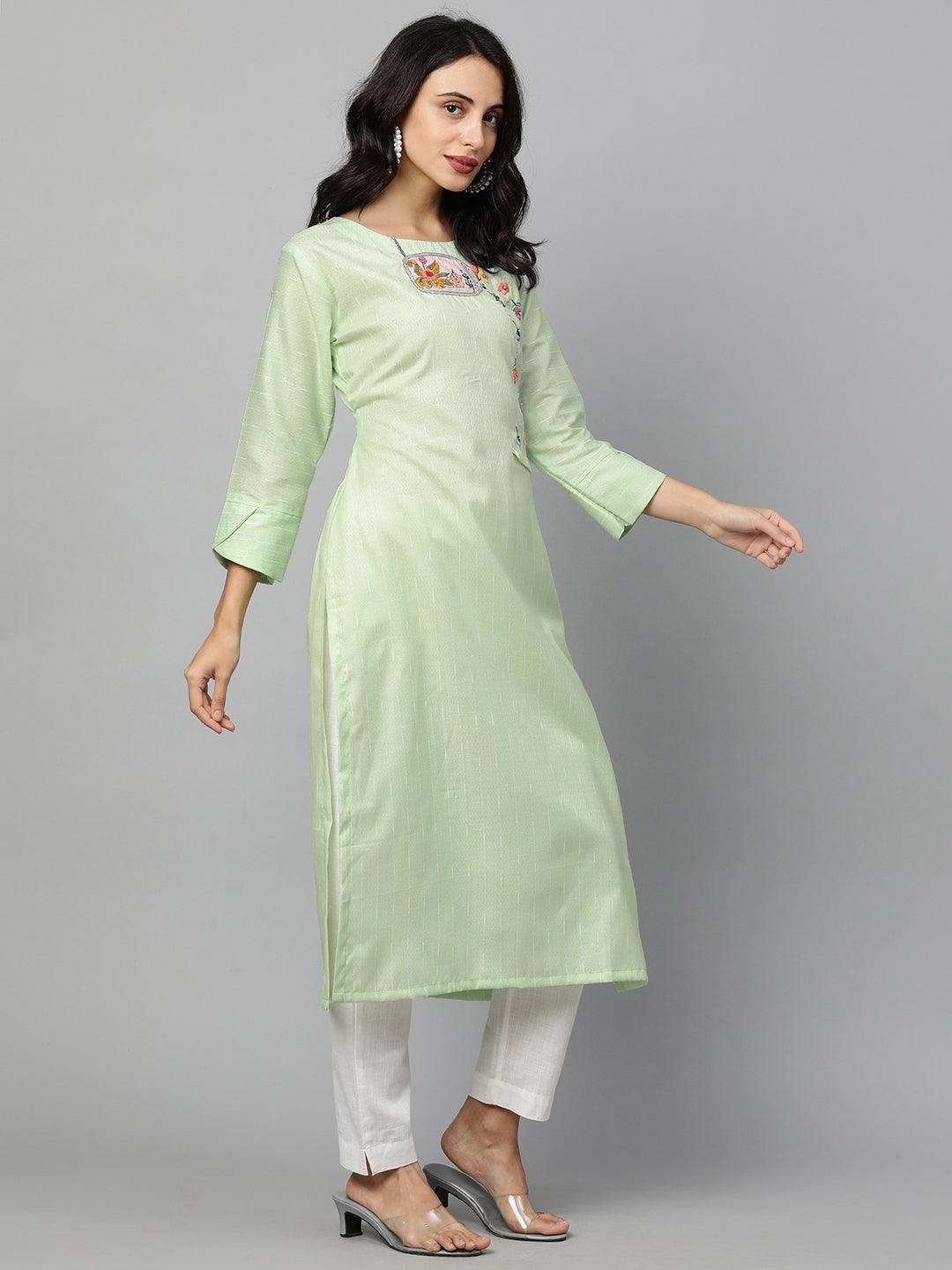 Woven Textured & Embroidered Straight Kurta - Pastel Green - Indiakreations