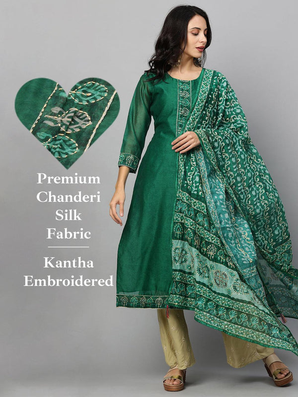 Minimal Embroidered Kurta with Printed Dupatta - Dark Green - Indiakreations