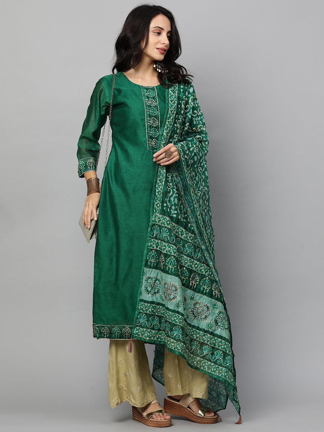 Minimal Embroidered Kurta with Printed Dupatta - Dark Green - Indiakreations