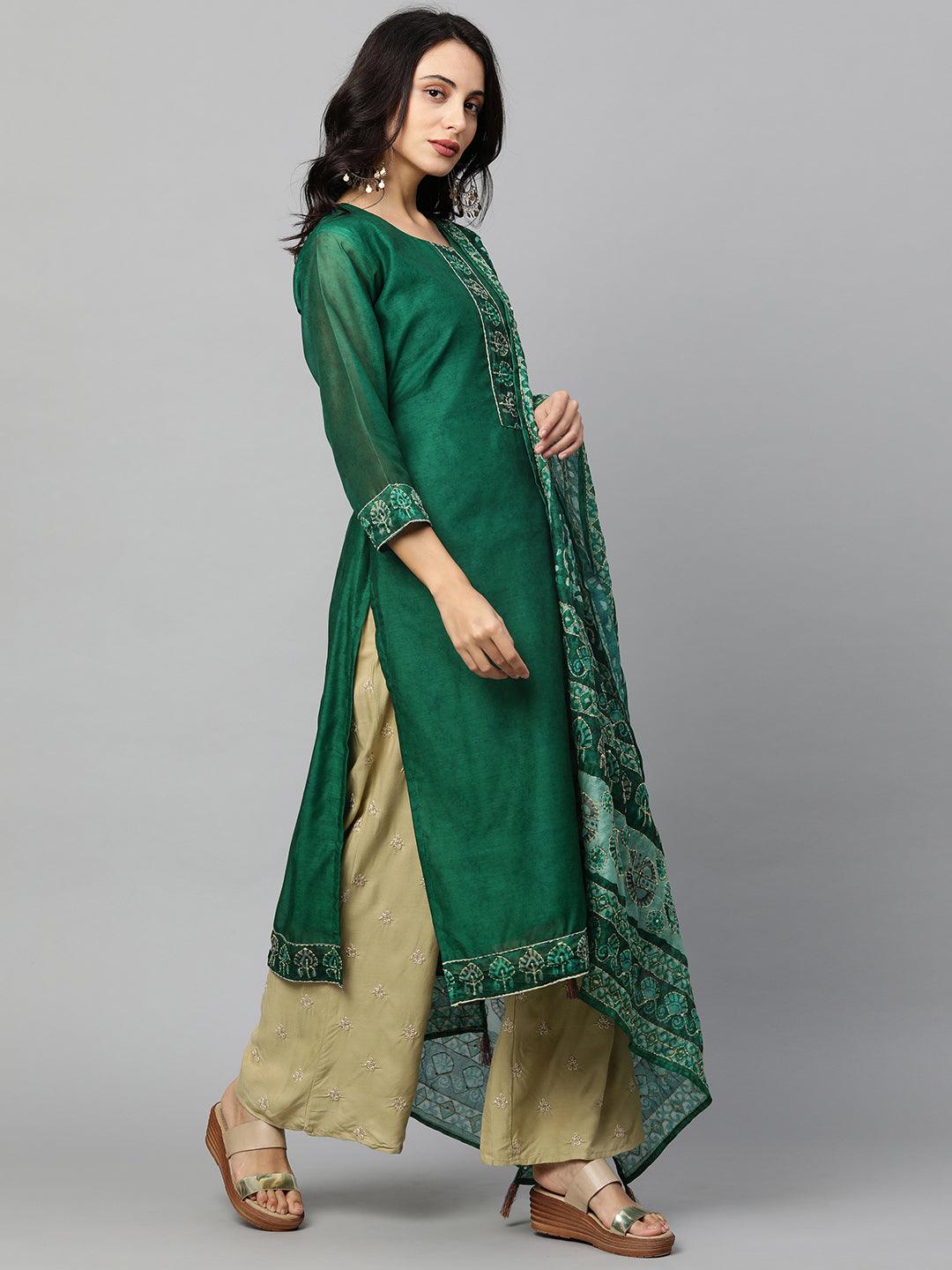 Minimal Embroidered Kurta with Printed Dupatta - Dark Green - Indiakreations