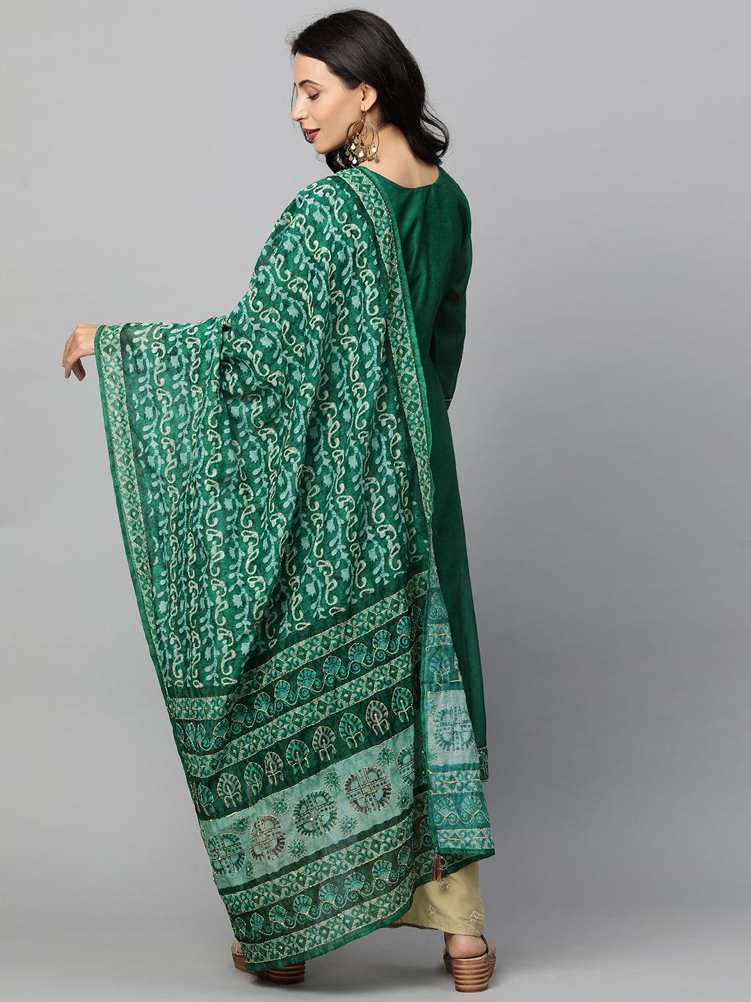 Minimal Embroidered Kurta with Printed Dupatta - Dark Green - Indiakreations