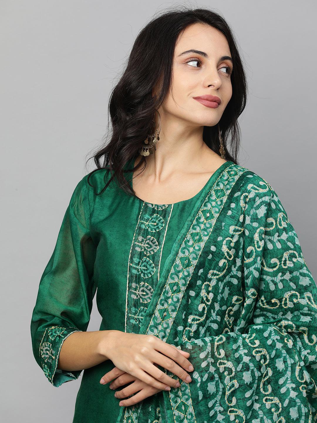 Minimal Embroidered Kurta with Printed Dupatta - Dark Green - Indiakreations