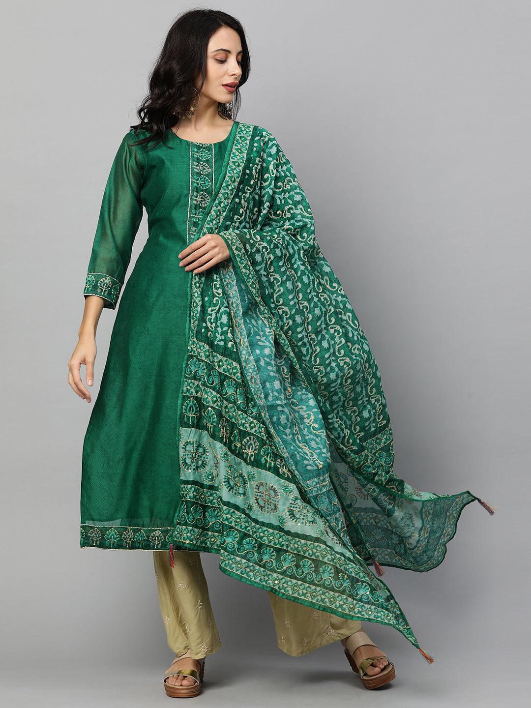 Minimal Embroidered Kurta with Printed Dupatta - Dark Green - Indiakreations