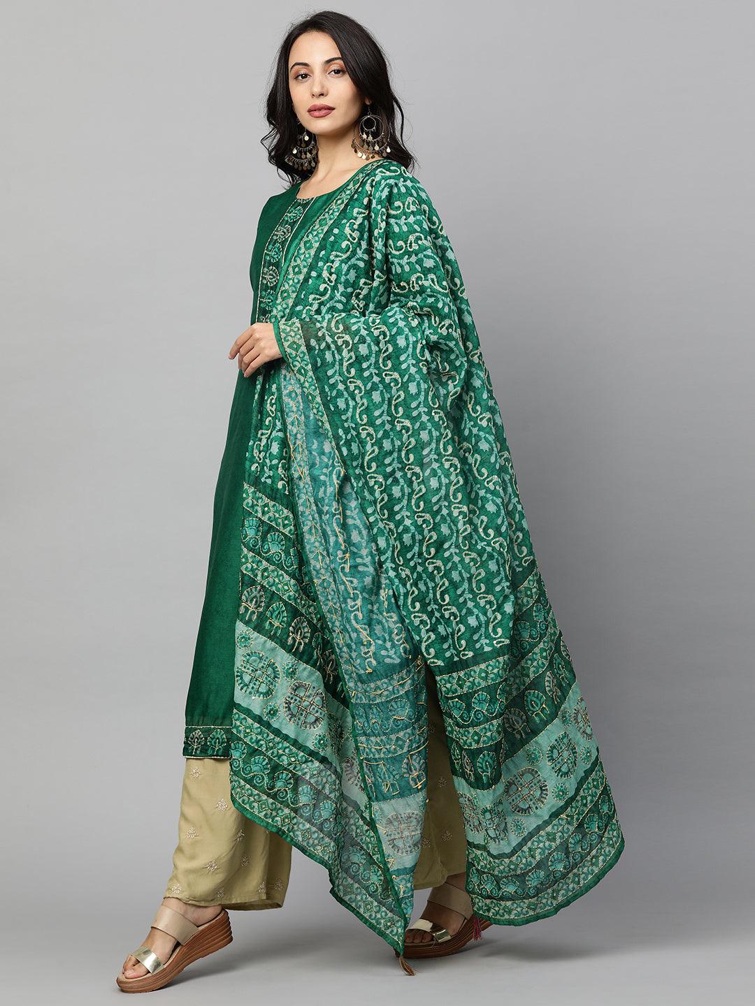 Minimal Embroidered Kurta with Printed Dupatta - Dark Green - Indiakreations