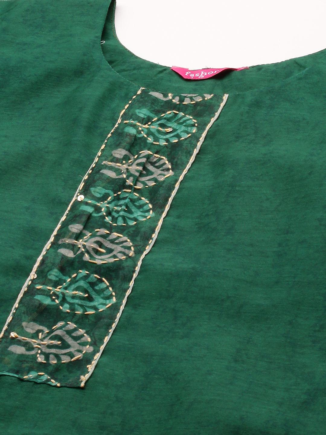 Minimal Embroidered Kurta with Printed Dupatta - Dark Green - Indiakreations