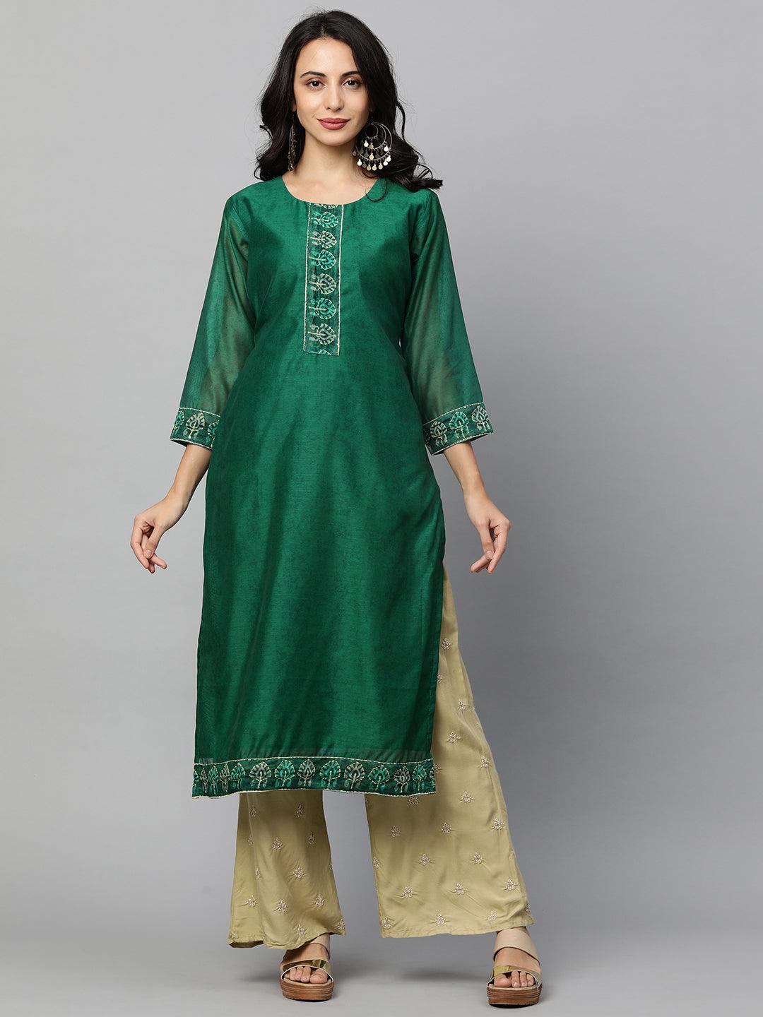 Minimal Embroidered Kurta with Printed Dupatta - Dark Green - Indiakreations