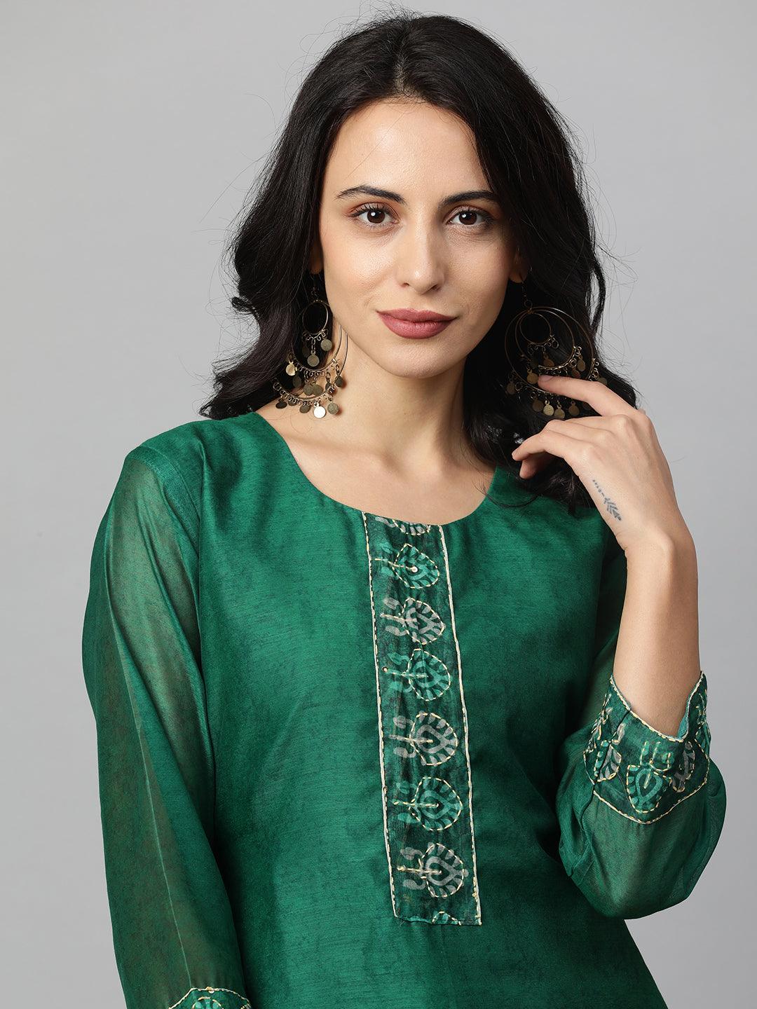 Minimal Embroidered Kurta with Printed Dupatta - Dark Green - Indiakreations