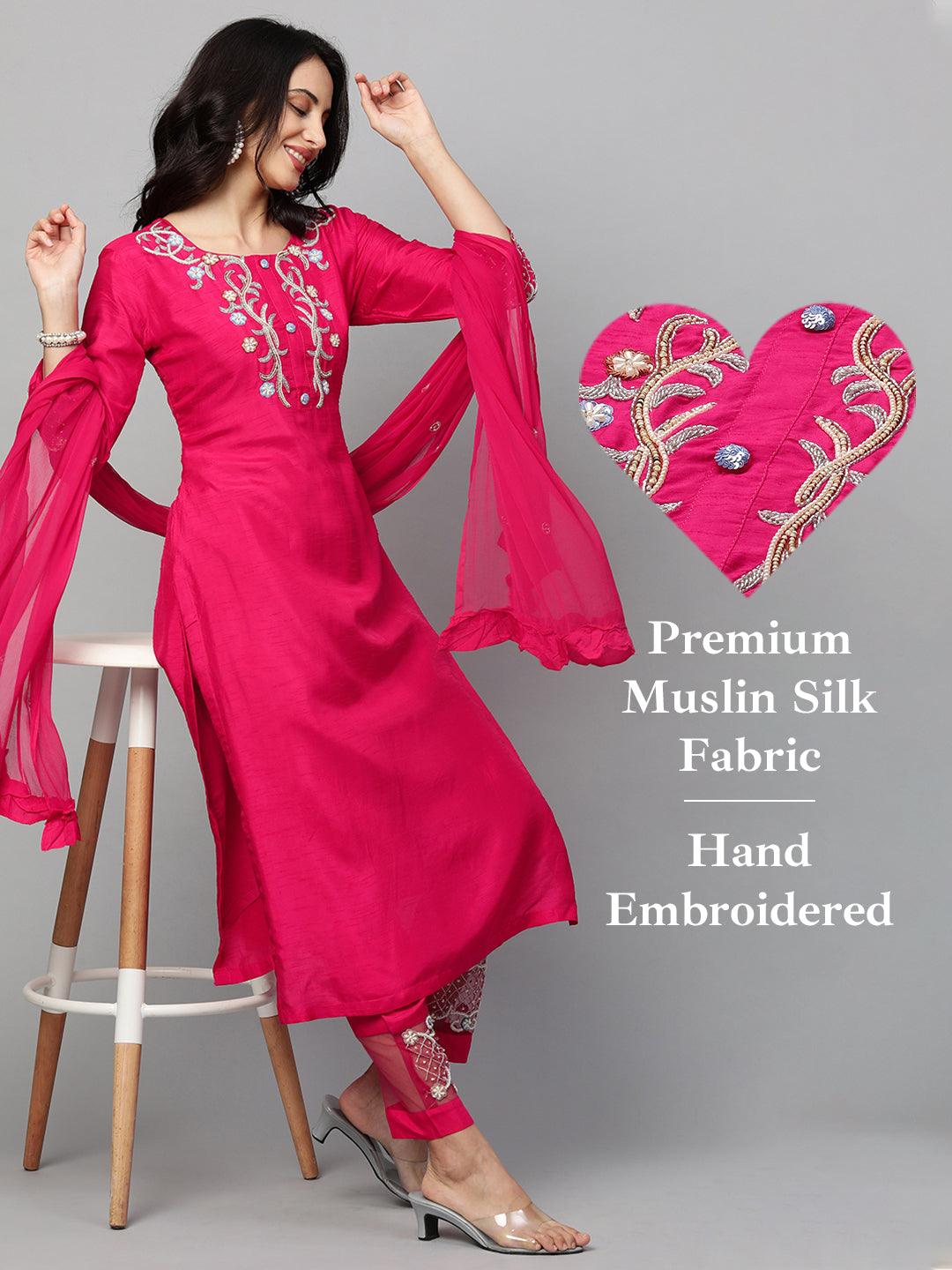 Floral Hand Embroidered Kurta & Pant with Dupatta - Magenta Pink - Indiakreations