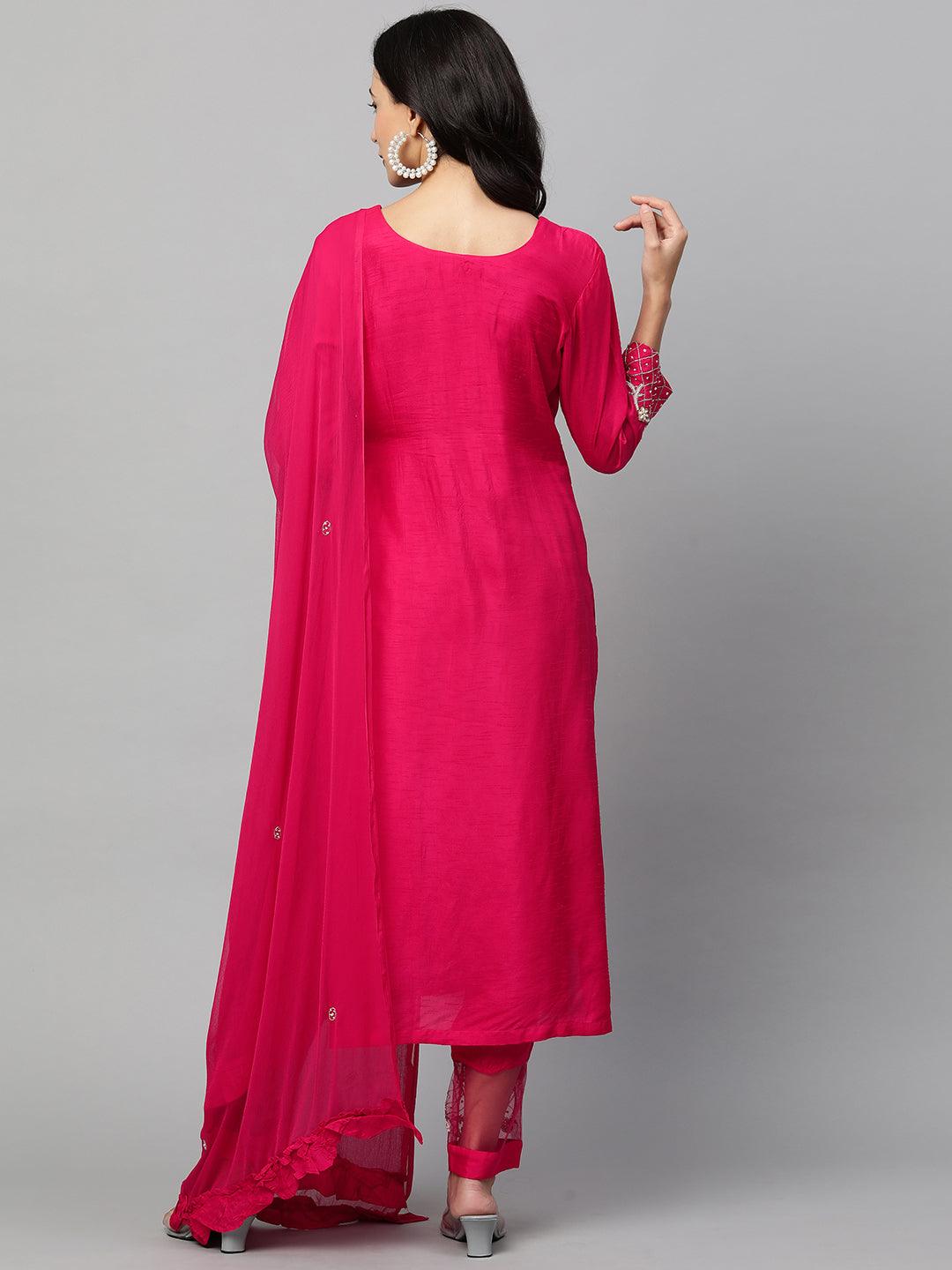 Floral Hand Embroidered Kurta & Pant with Dupatta - Magenta Pink - Indiakreations