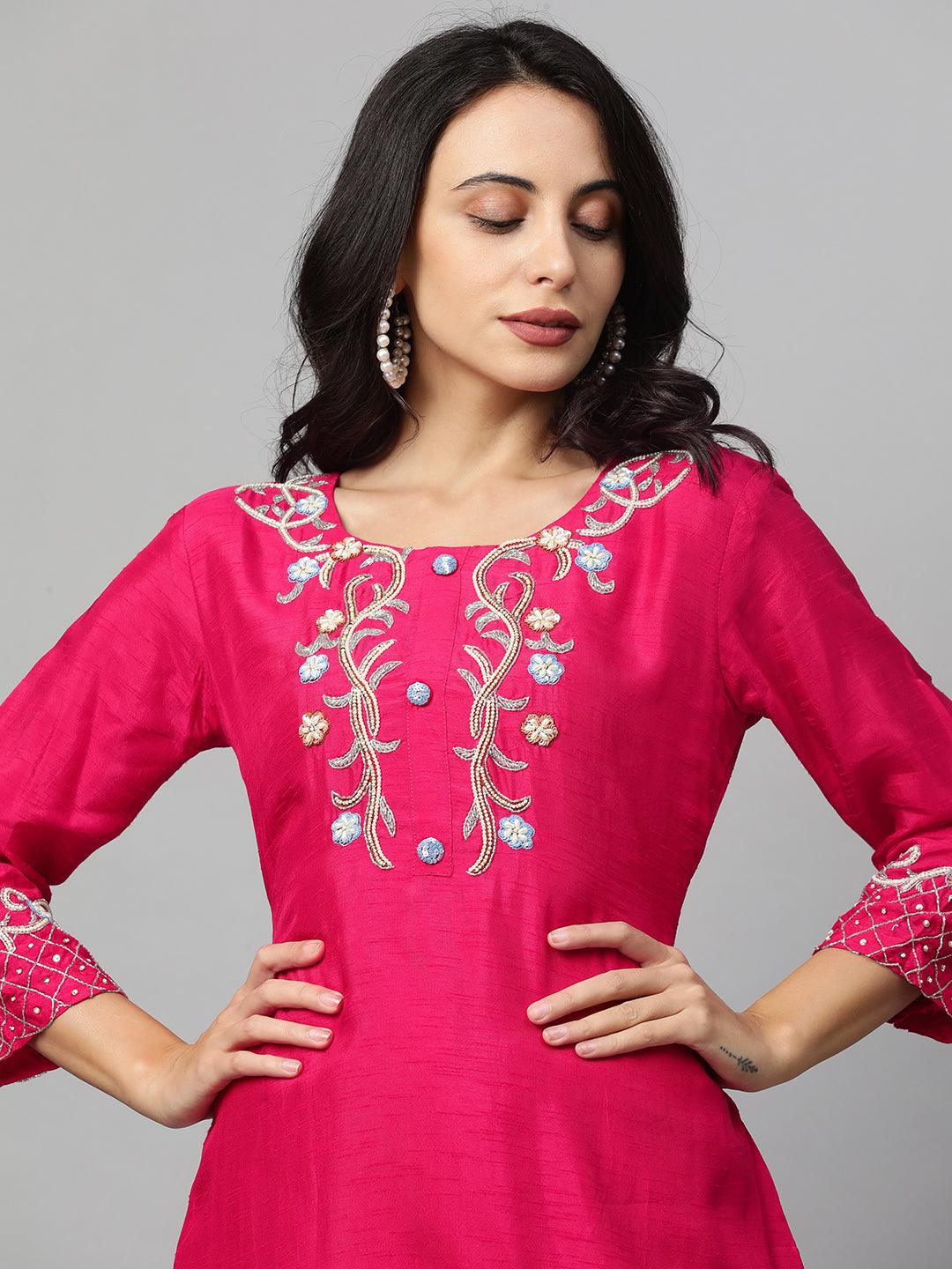 Floral Hand Embroidered Kurta & Pant with Dupatta - Magenta Pink - Indiakreations