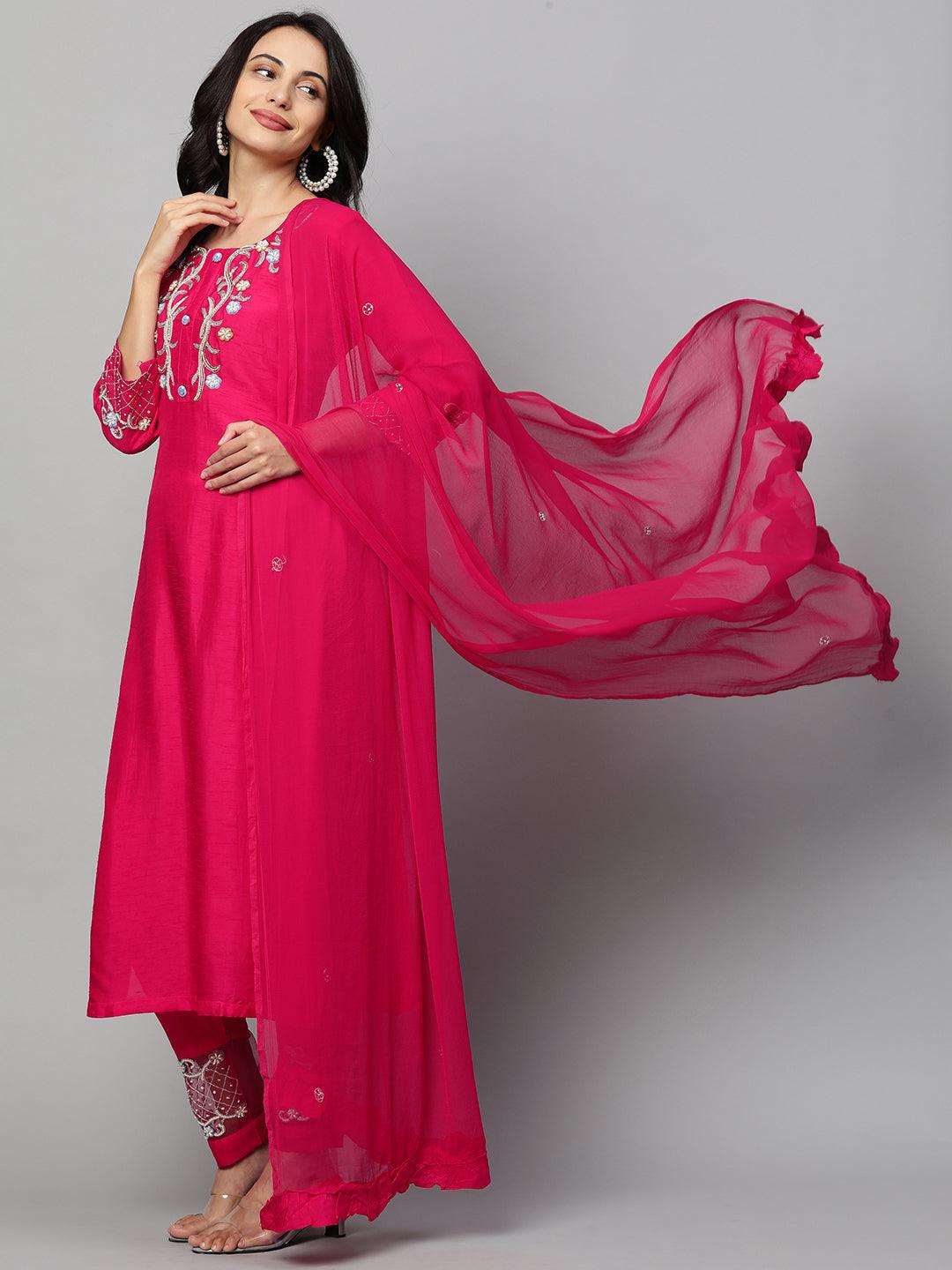 Floral Hand Embroidered Kurta & Pant with Dupatta - Magenta Pink - Indiakreations