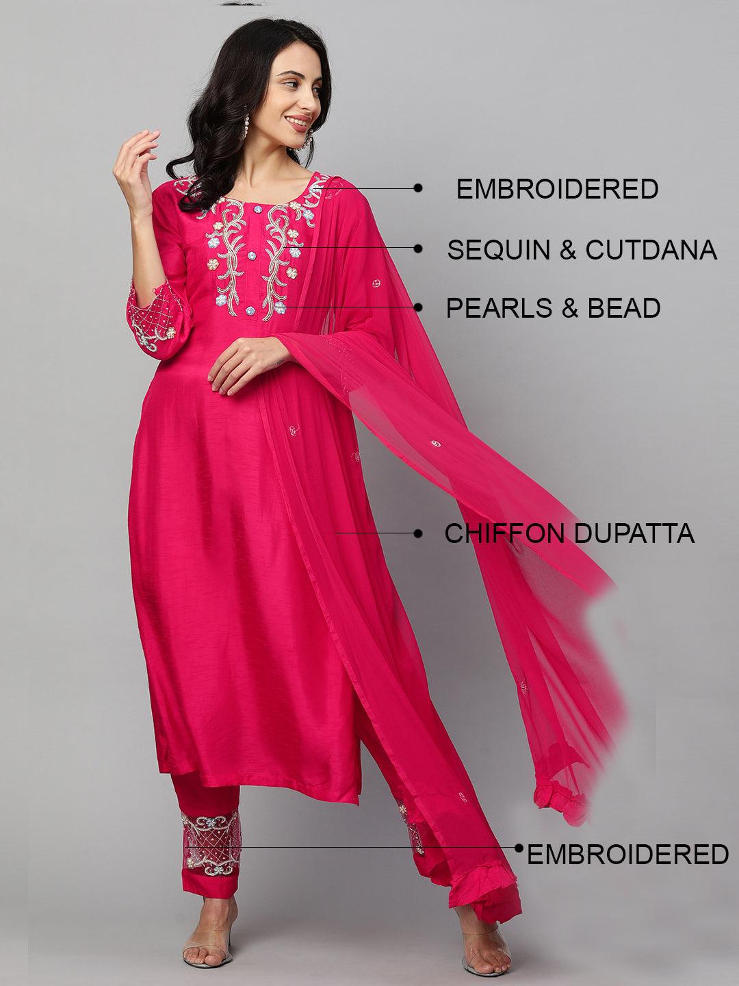 Floral Hand Embroidered Kurta & Pant with Dupatta - Magenta Pink - Indiakreations