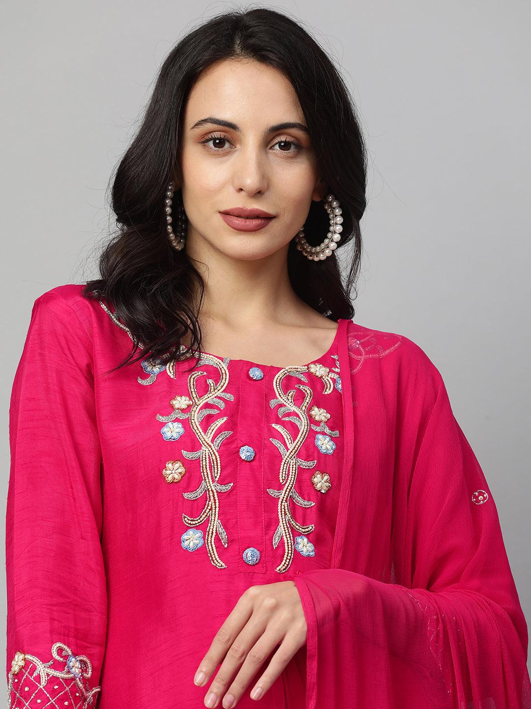 Floral Hand Embroidered Kurta & Pant with Dupatta - Magenta Pink - Indiakreations