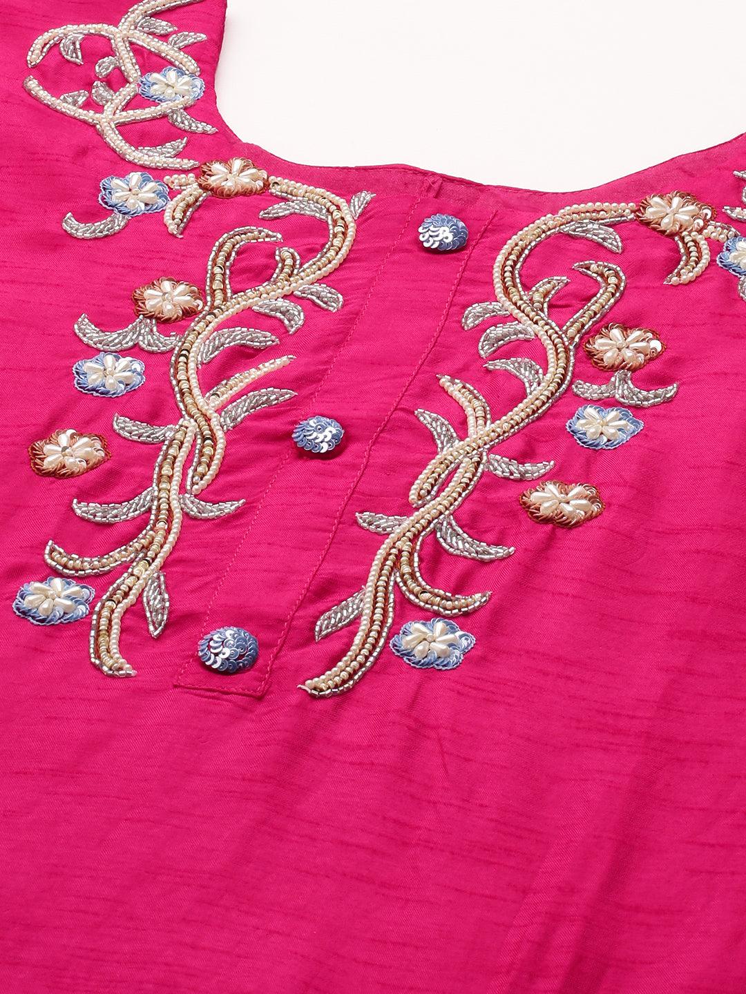 Floral Hand Embroidered Kurta & Pant with Dupatta - Magenta Pink - Indiakreations