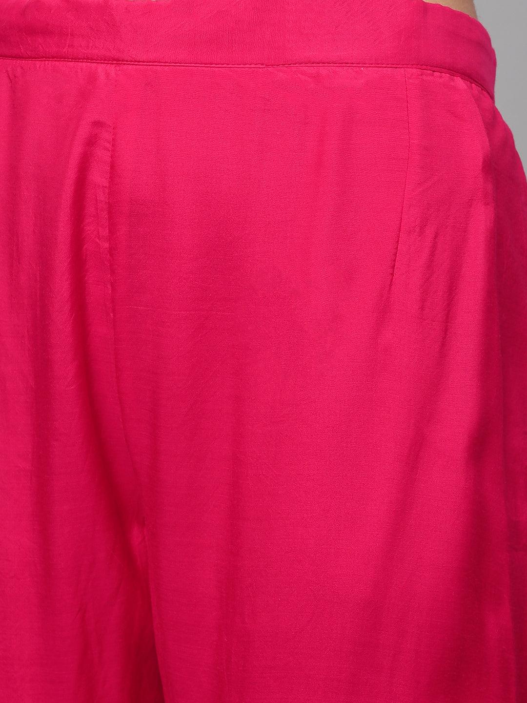 Floral Hand Embroidered Kurta & Pant with Dupatta - Magenta Pink - Indiakreations