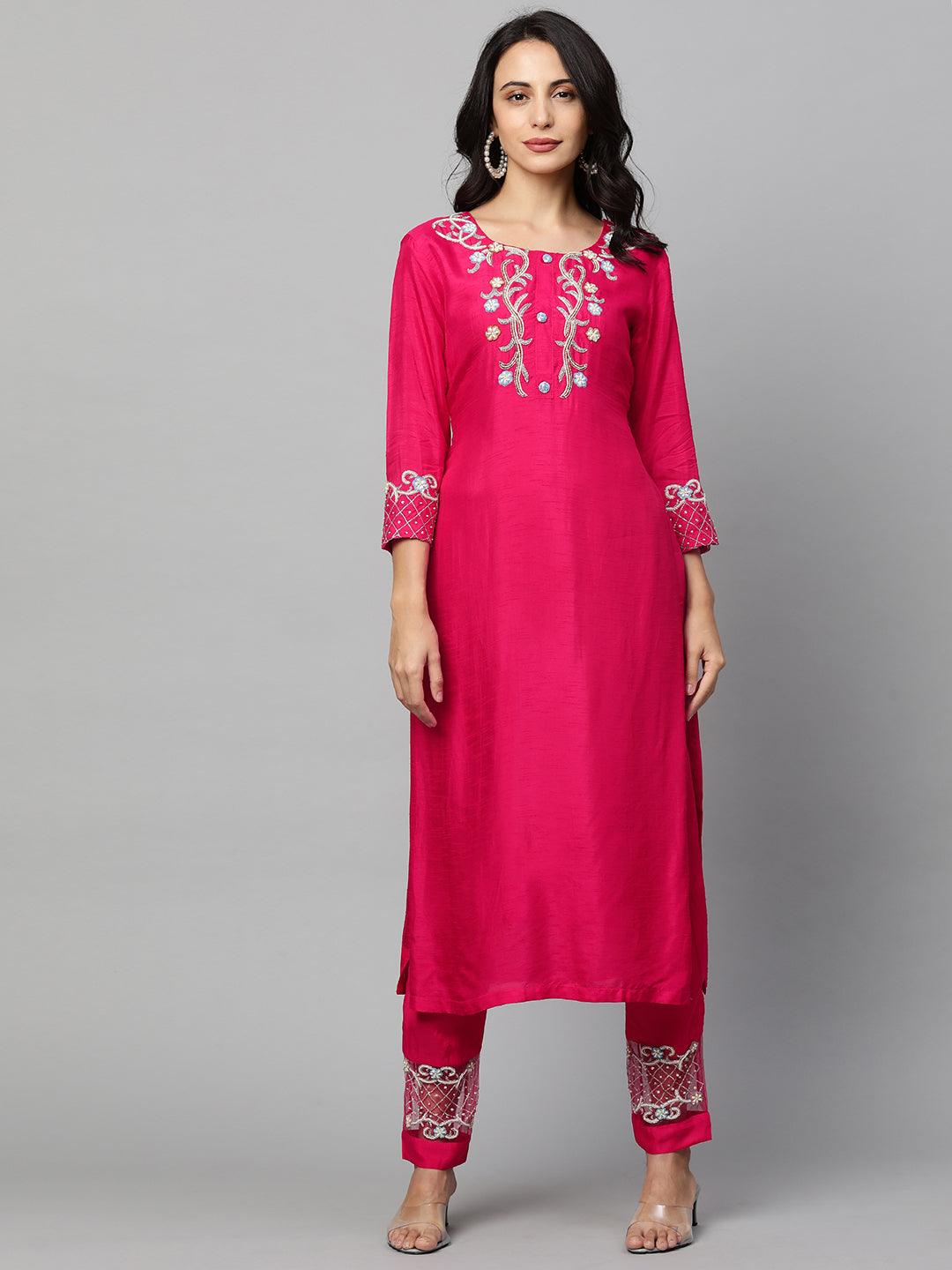 Floral Hand Embroidered Kurta & Pant with Dupatta - Magenta Pink - Indiakreations