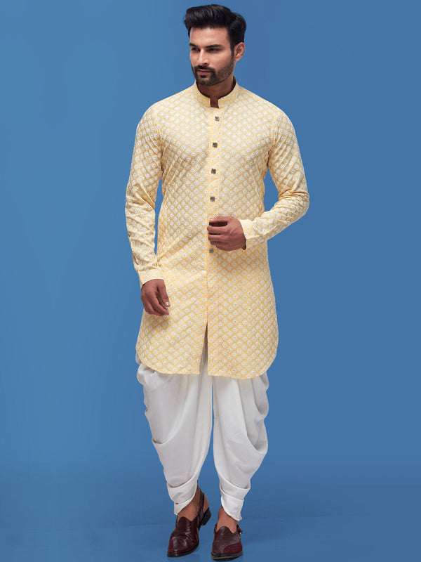 Embroidered Light Yellow Kurta in Cotton Silk