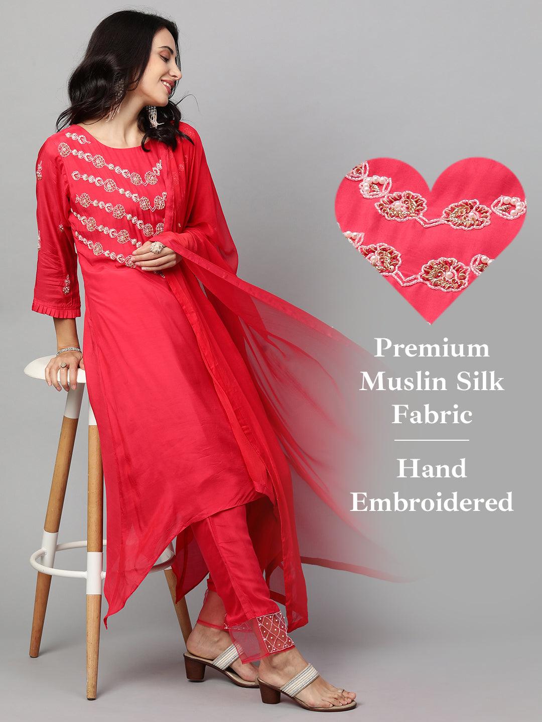 Floral Embroidered Asymmetrical Kurta & Pant with Dupatta - Ruby Pink - Indiakreations