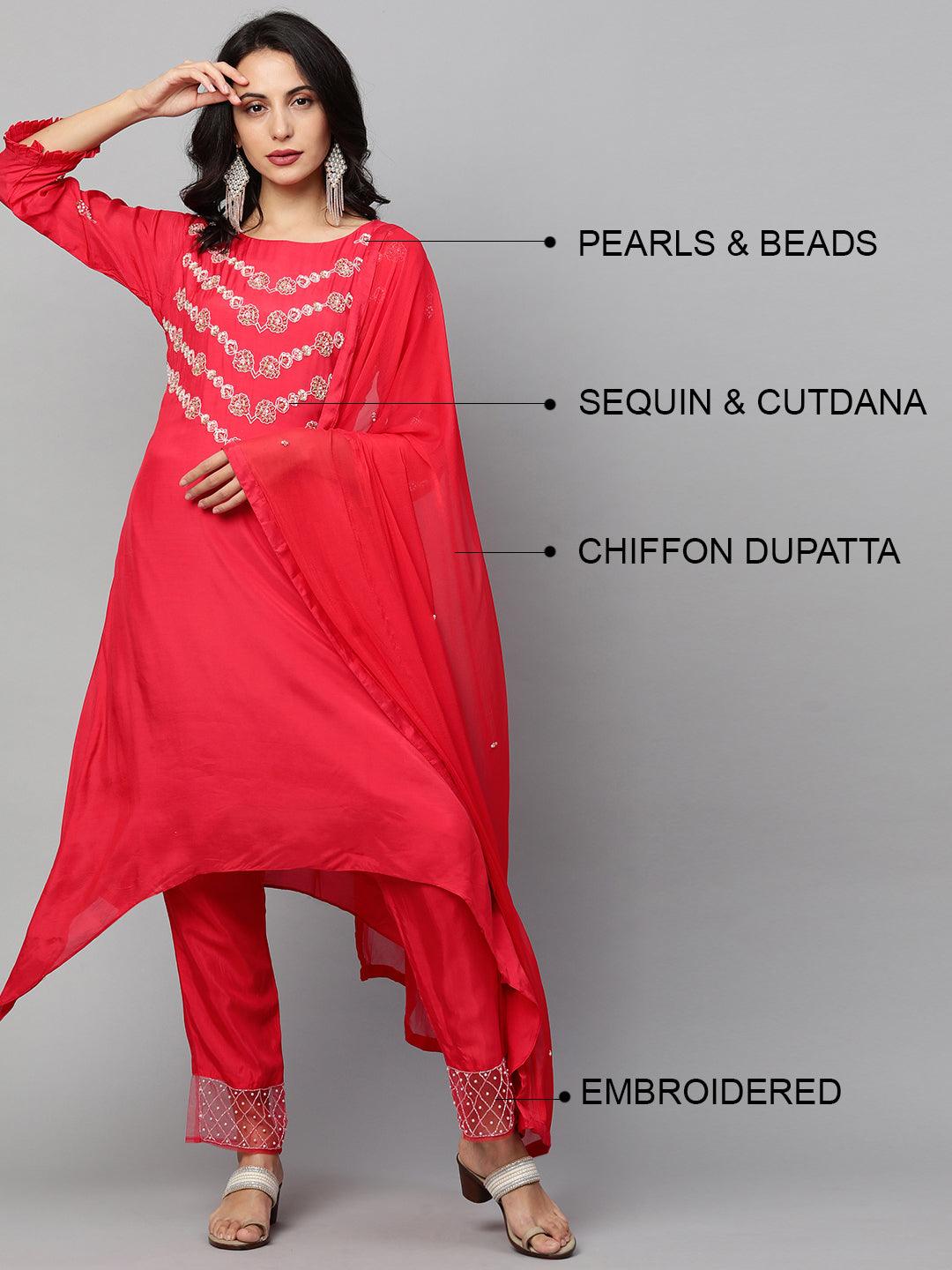 Floral Embroidered Asymmetrical Kurta & Pant with Dupatta - Ruby Pink - Indiakreations