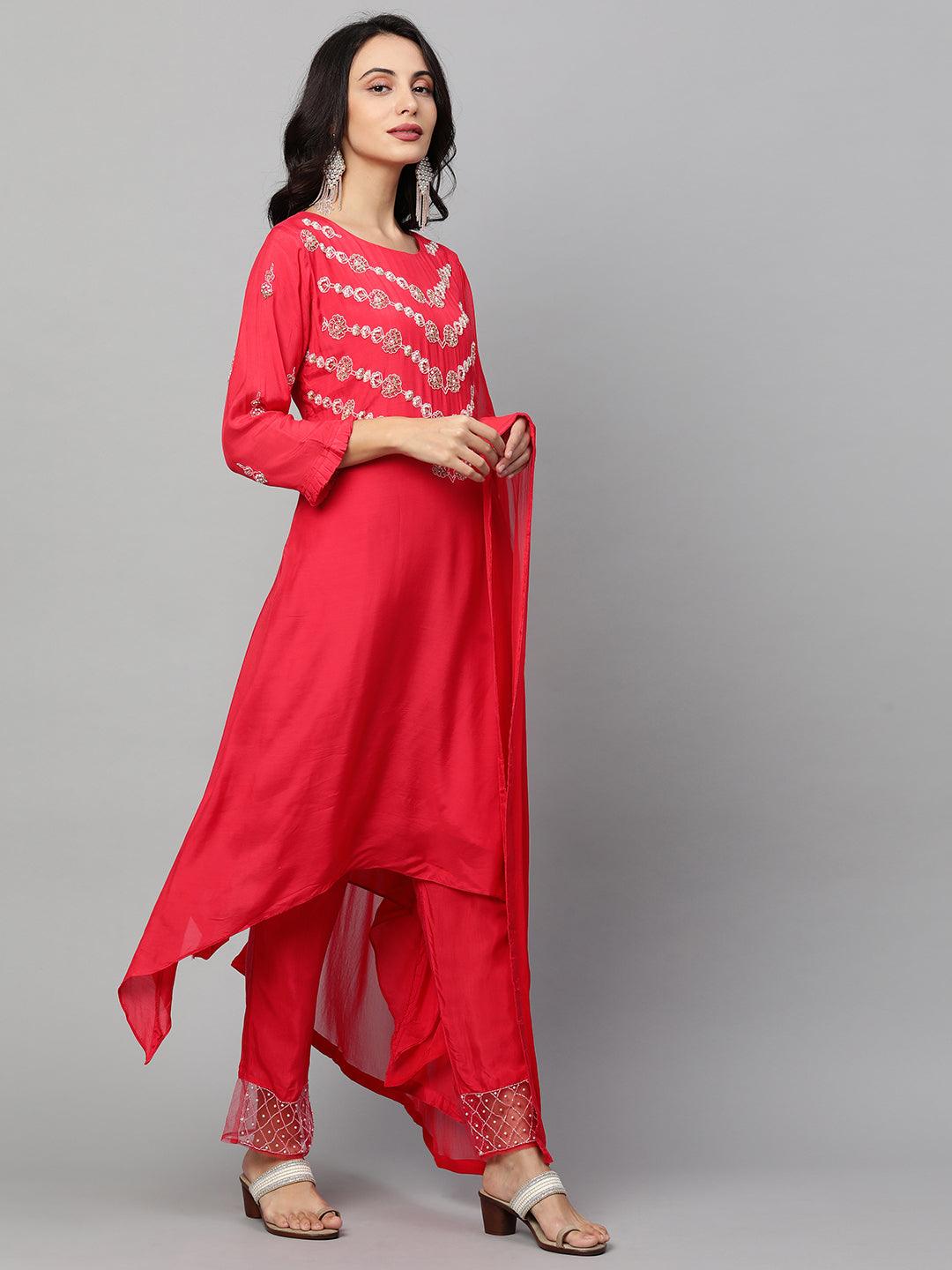 Floral Embroidered Asymmetrical Kurta & Pant with Dupatta - Ruby Pink - Indiakreations