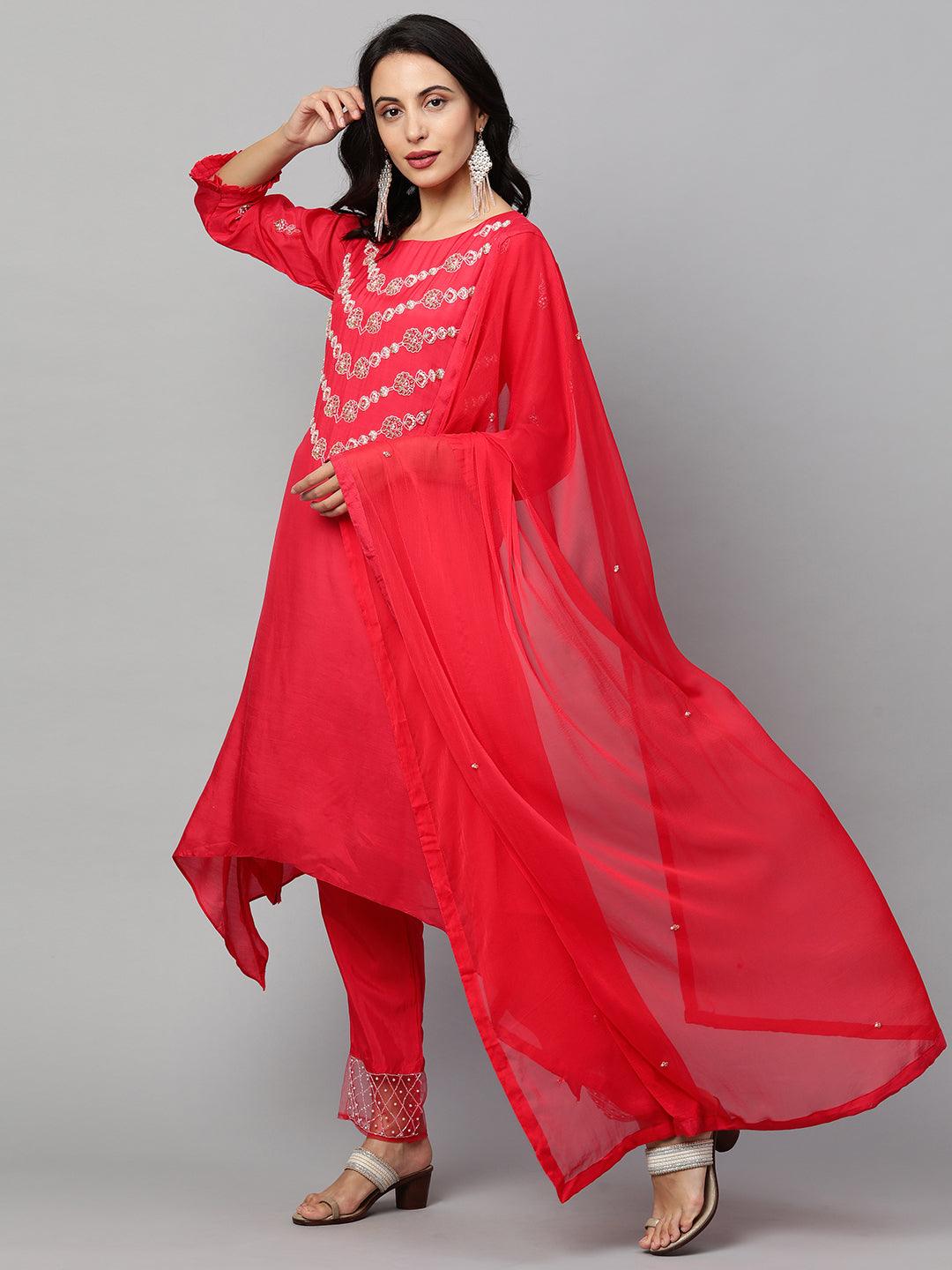 Floral Embroidered Asymmetrical Kurta & Pant with Dupatta - Ruby Pink - Indiakreations