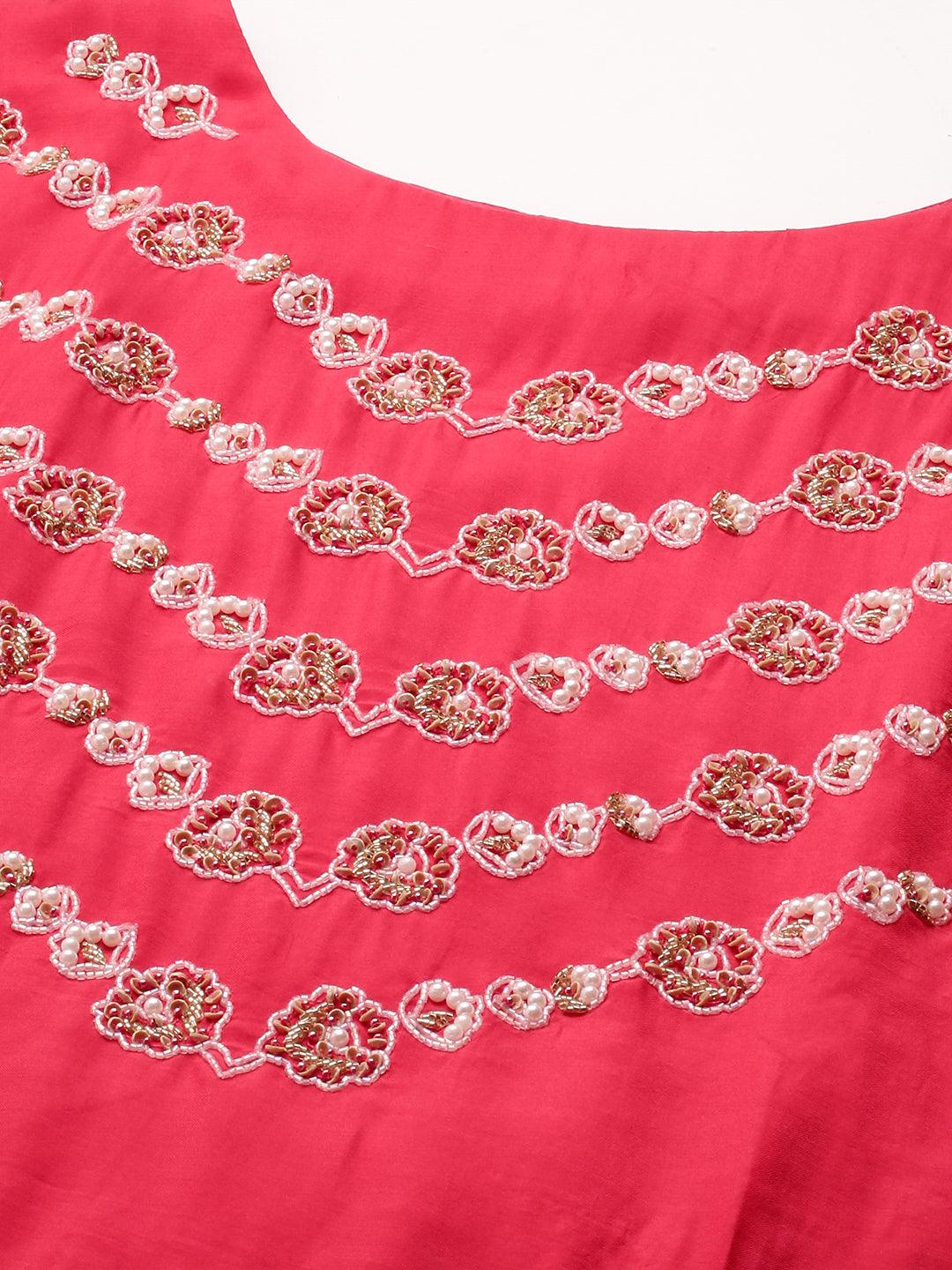 Floral Embroidered Asymmetrical Kurta & Pant with Dupatta - Ruby Pink - Indiakreations