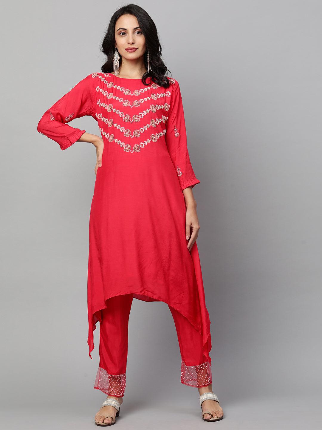 Floral Embroidered Asymmetrical Kurta & Pant with Dupatta - Ruby Pink - Indiakreations