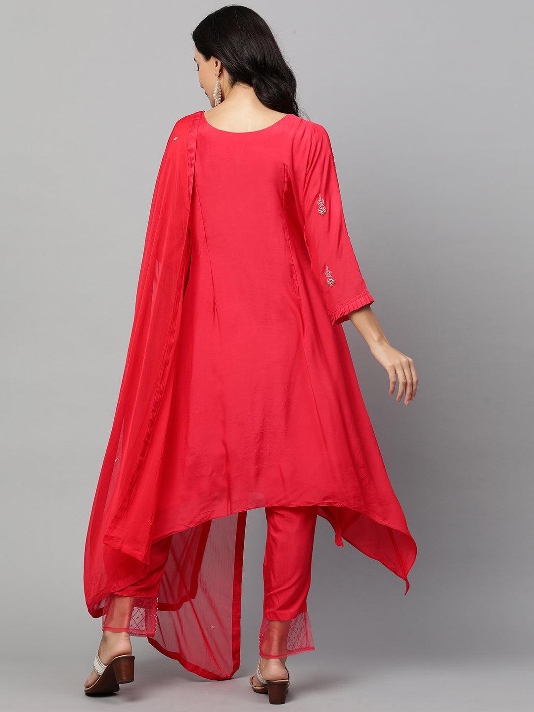 Floral Embroidered Asymmetrical Kurta & Pant with Dupatta - Ruby Pink - Indiakreations