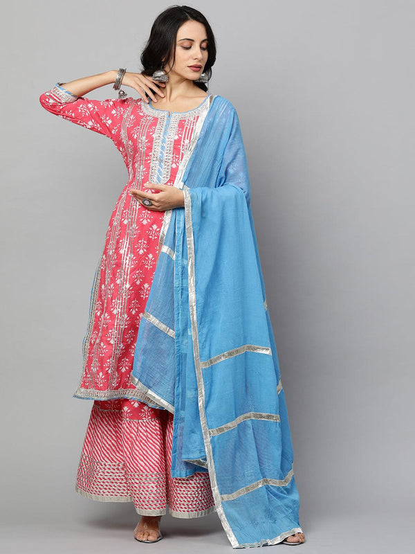 Floral Printed Kurta & Leheriya Sharara with Dupatta - Brink Pink - Indiakreations