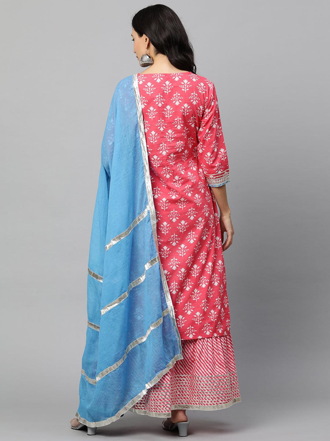 Floral Printed Kurta & Leheriya Sharara with Dupatta - Brink Pink - Indiakreations