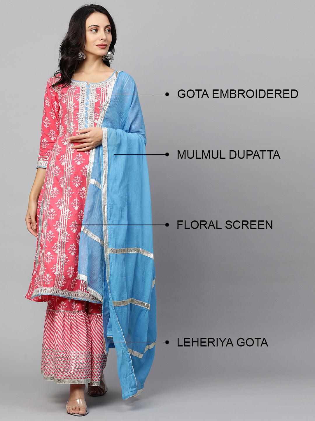 Floral Printed Kurta & Leheriya Sharara with Dupatta - Brink Pink - Indiakreations