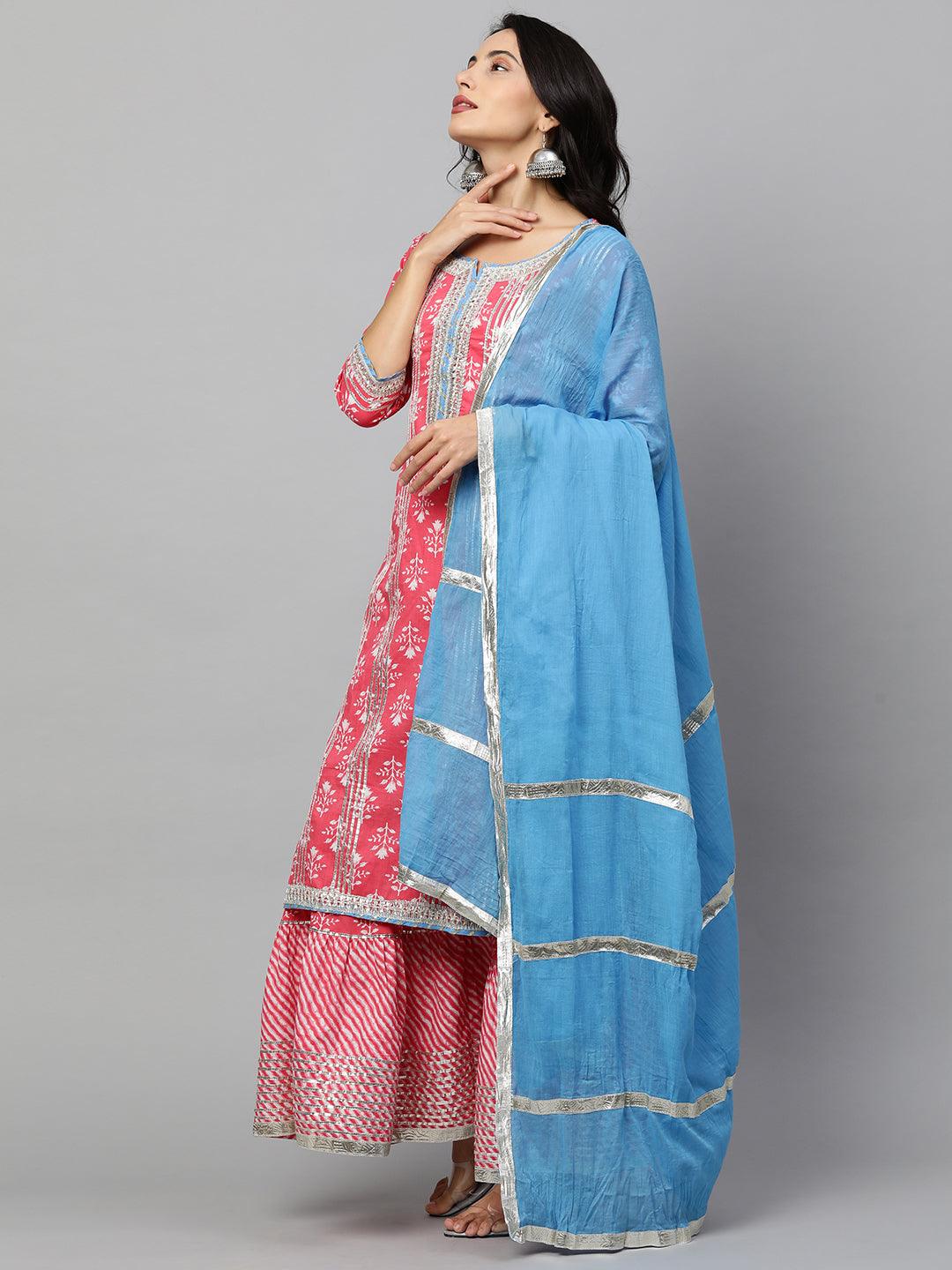 Floral Printed Kurta & Leheriya Sharara with Dupatta - Brink Pink - Indiakreations