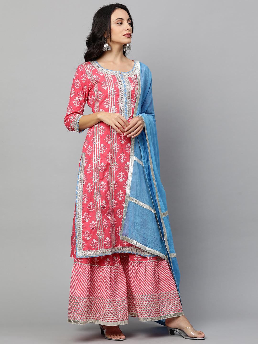 Floral Printed Kurta & Leheriya Sharara with Dupatta - Brink Pink - Indiakreations